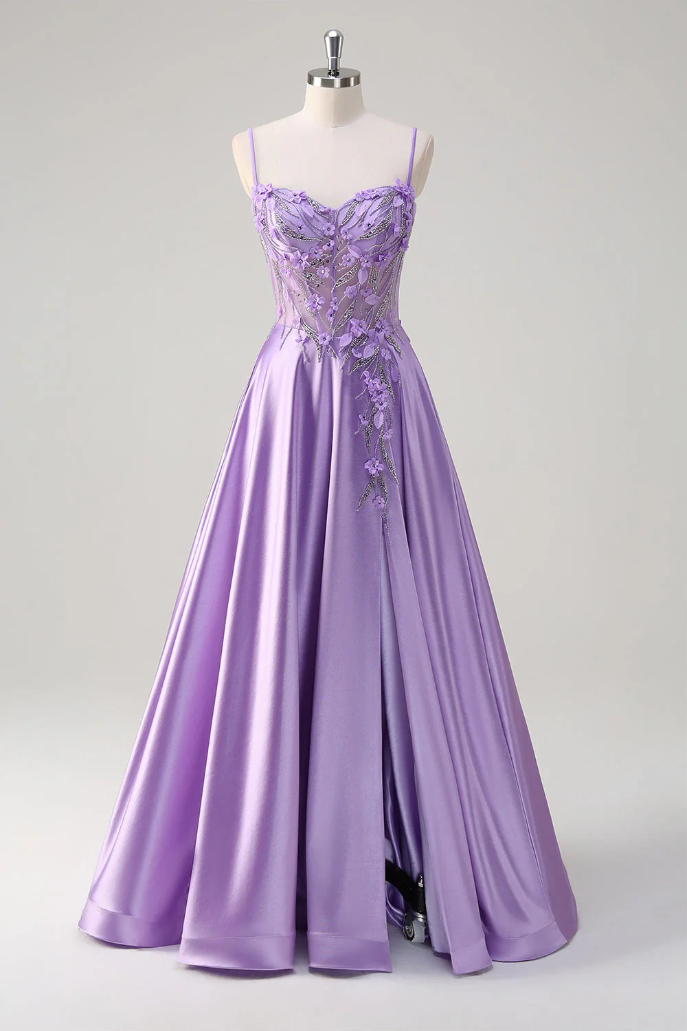 Robe de soirée longue violette à bretelles spaghetti et fente