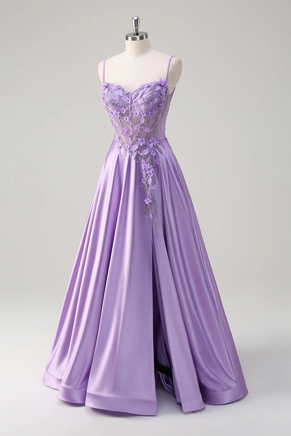 Robe de soirée longue violette à bretelles spaghetti et fente - Image 3