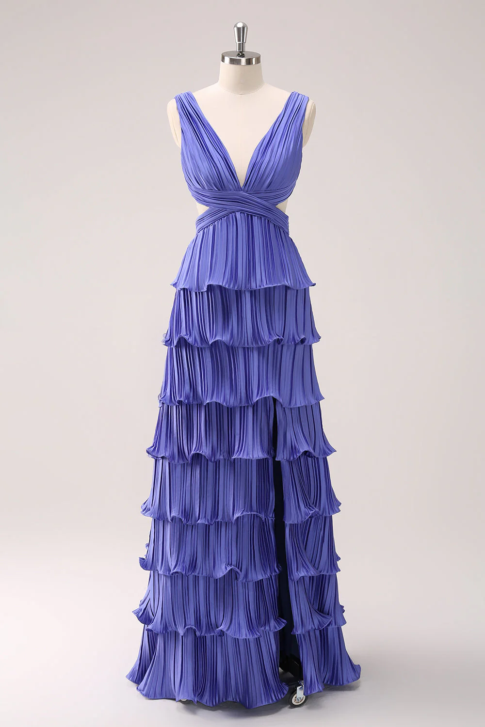 Robe de demoiselle d'honneur longue violette ligne A col V plissée à niveaux et dos lacé avec fente - Image 3