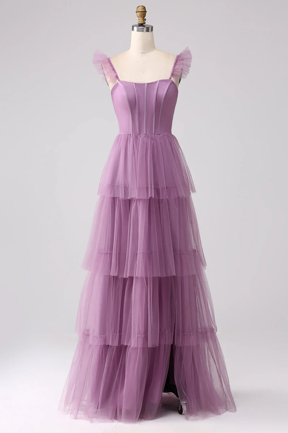 Robe de demoiselle d'honneur longue violette ligne A tulle plissé avec fente