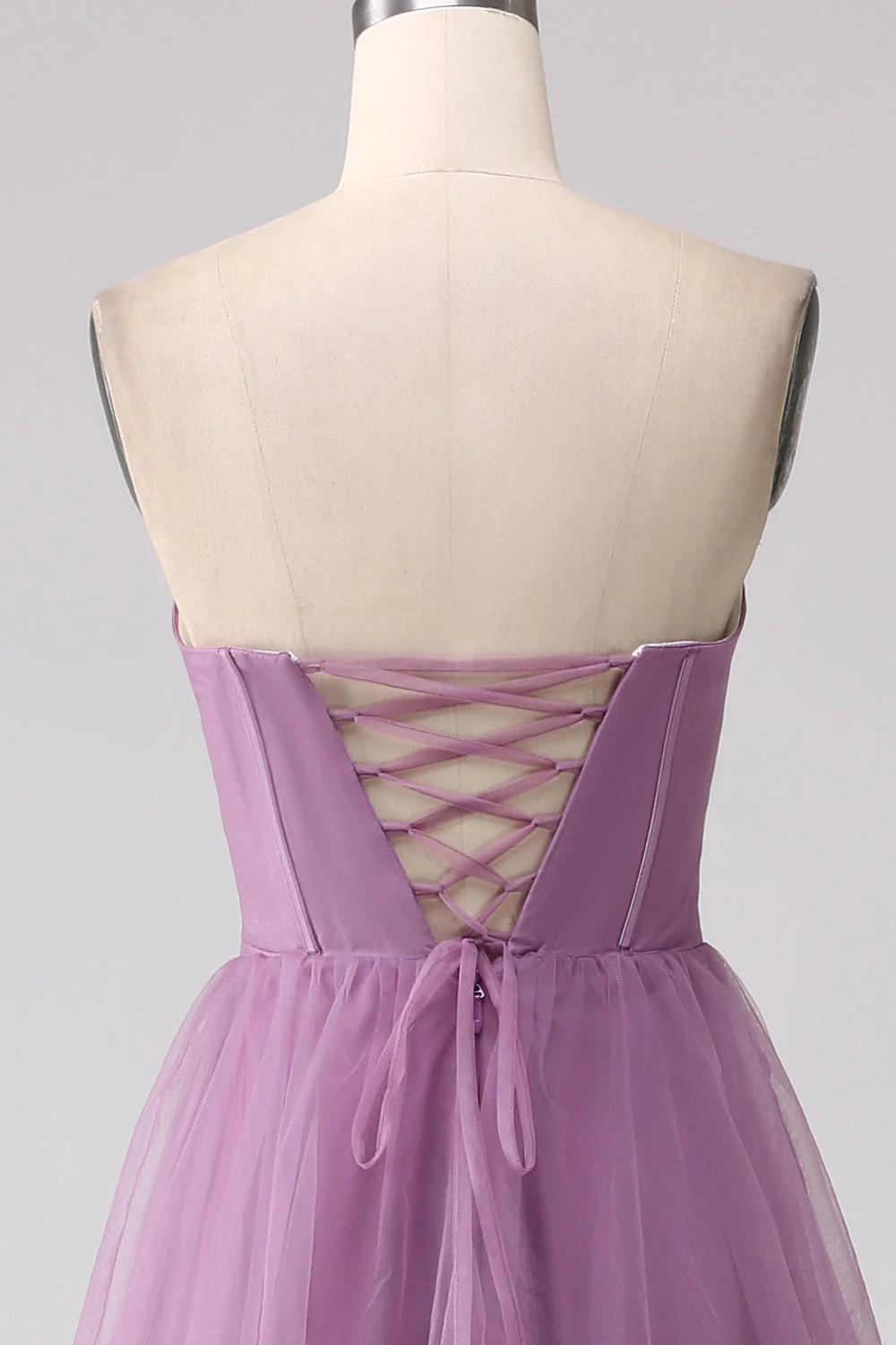 Robe de demoiselle d'honneur longue violette ligne A tulle plissé avec fente - Image 10