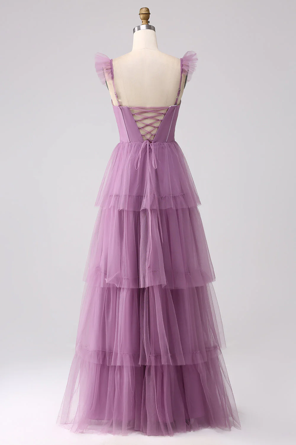 Robe de demoiselle d'honneur longue violette ligne A tulle plissé avec fente - Image 2