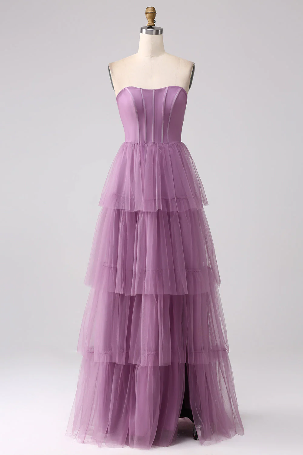 Robe de demoiselle d'honneur longue violette ligne A tulle plissé avec fente - Image 5