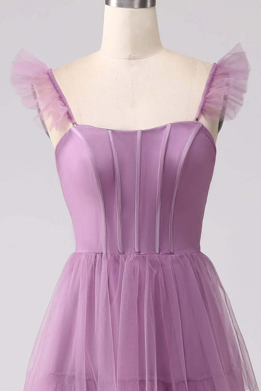 Robe de demoiselle d'honneur longue violette ligne A tulle plissé avec fente - Image 7