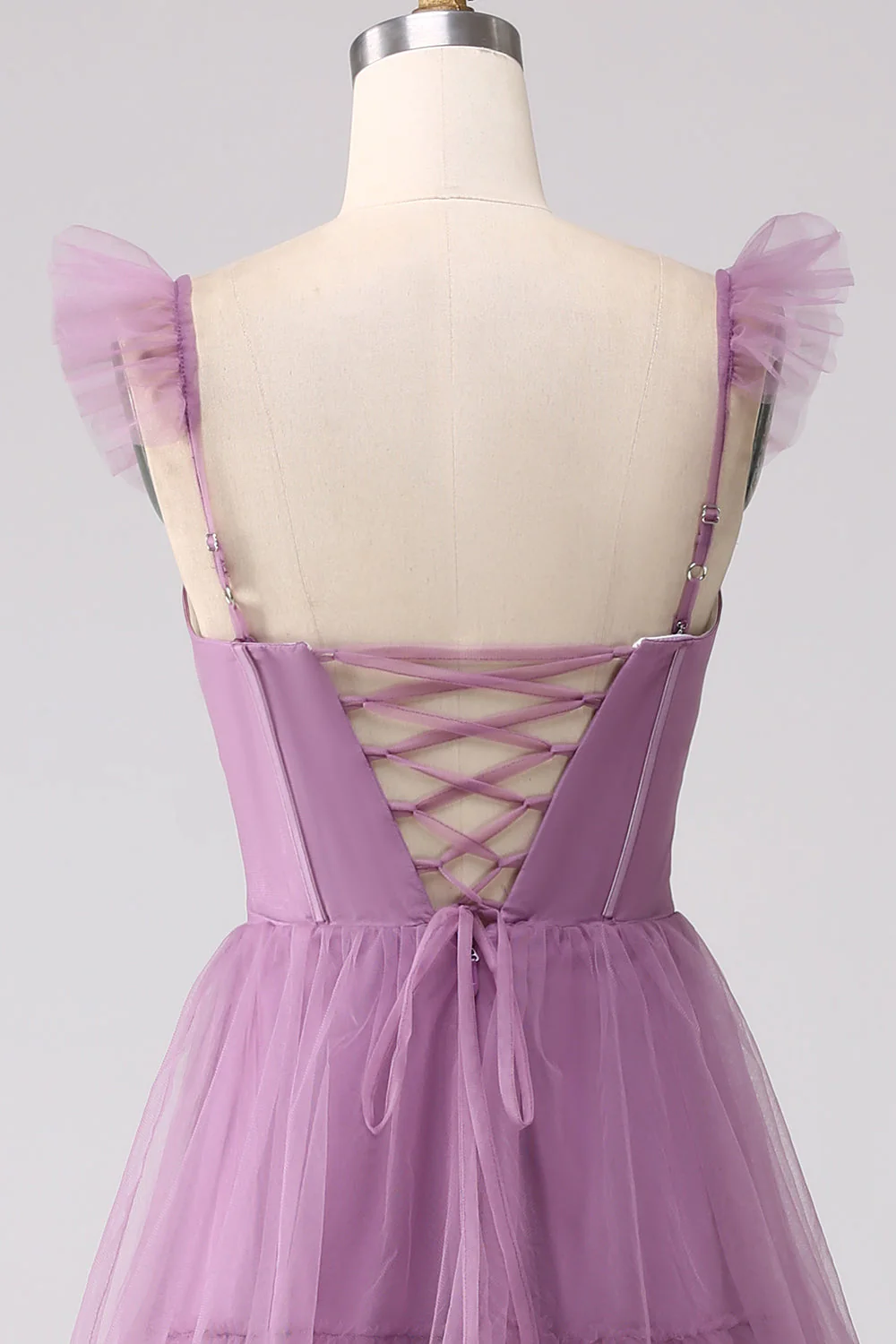 Robe de demoiselle d'honneur longue violette ligne A tulle plissé avec fente - Image 8