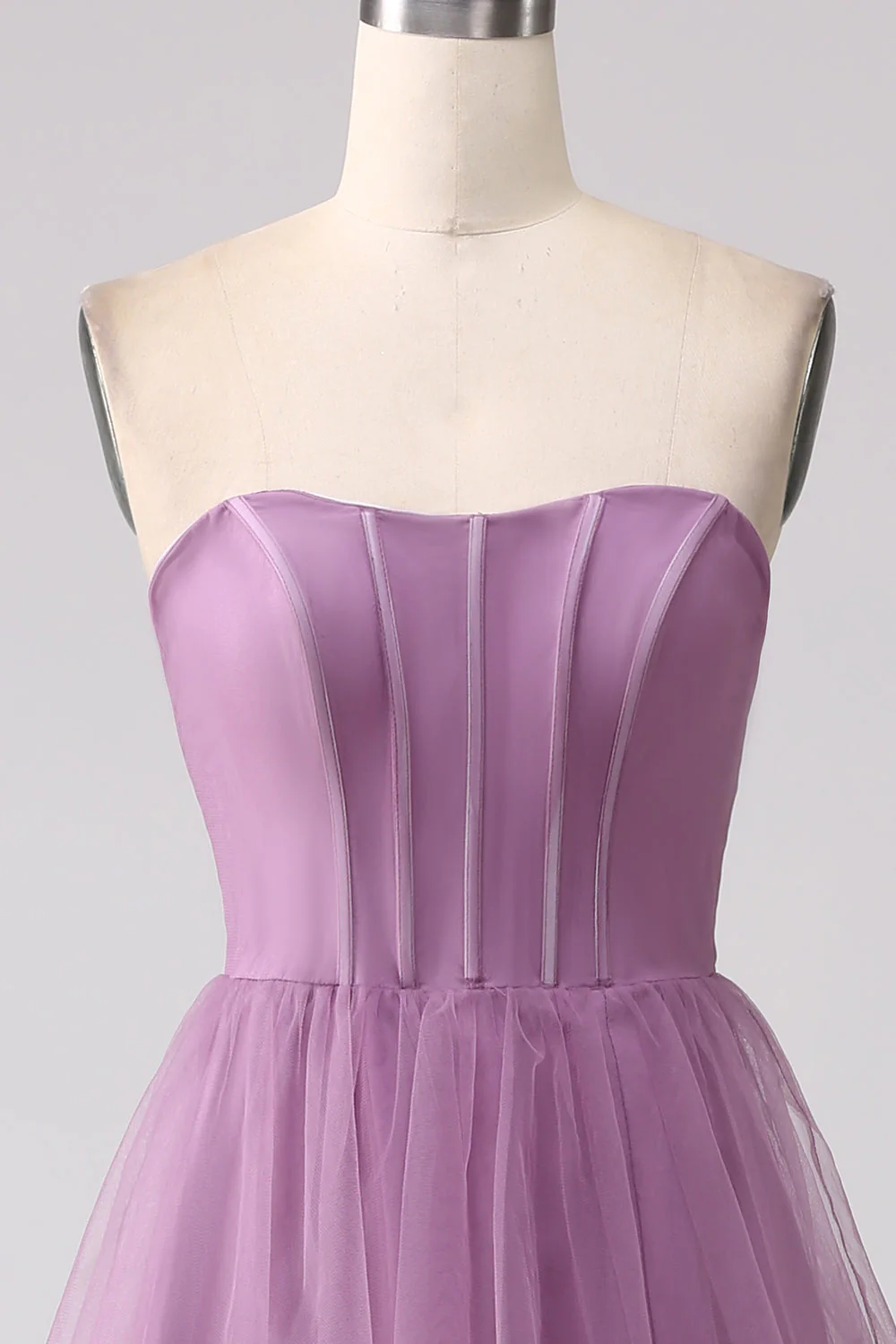 Robe de demoiselle d'honneur longue violette ligne A tulle plissé avec fente - Image 9