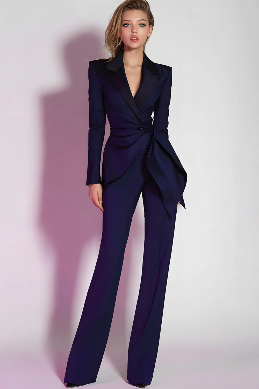 Violet foncé 2 pièces revers cranté froncé bal costumes avec ceinture