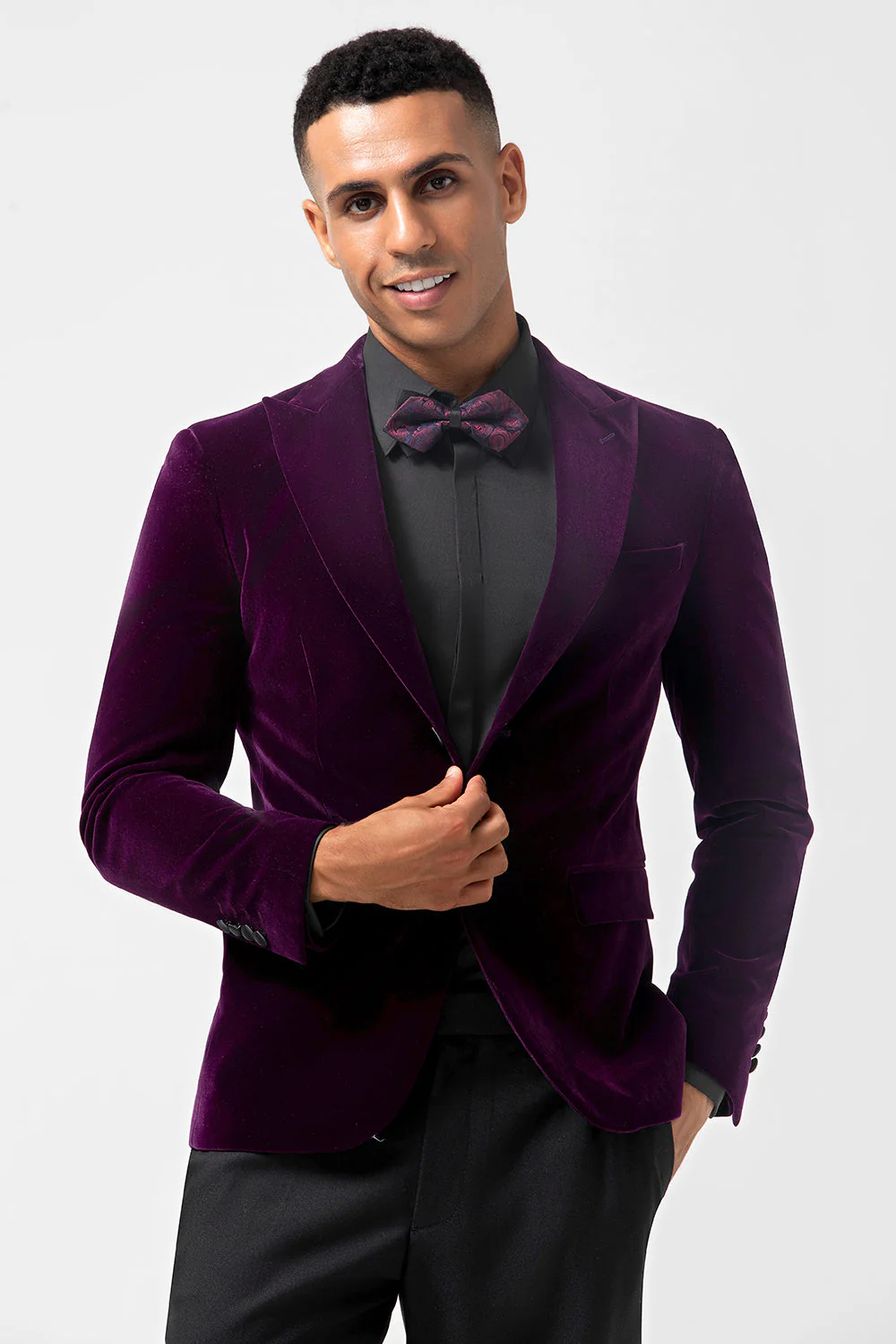 Blazer homme en velours à un bouton violet foncé avec revers en pointe