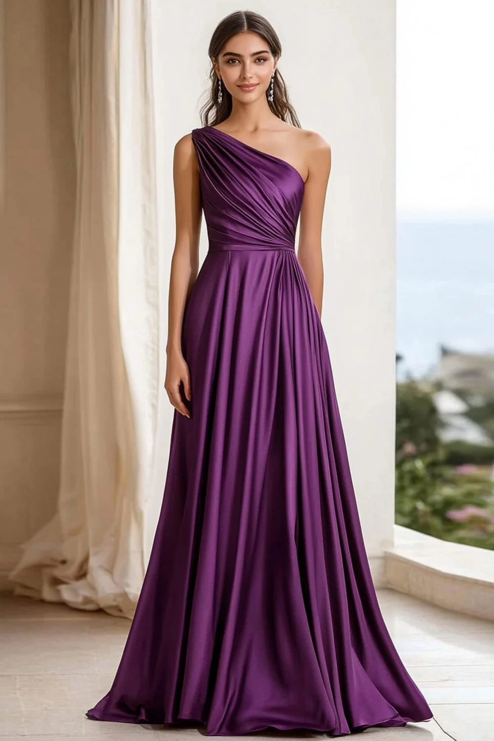 Violet froncé une épaule Une ligne longue robe formelle
