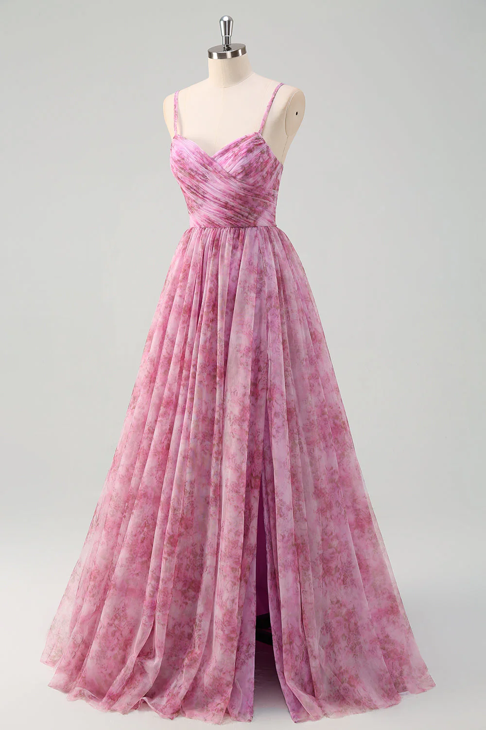 Violet rosé A-ligne Floral spaghetti bretelles Robe de soirée longue avec fente - Image 3