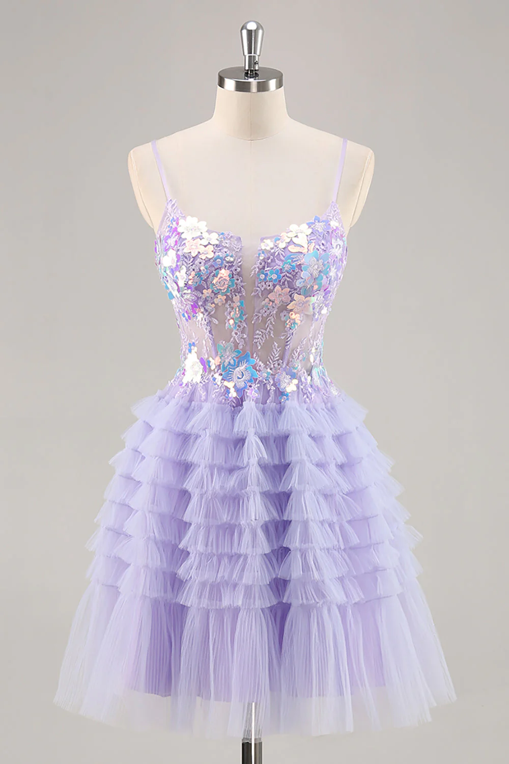 Violet scintillant Une ligne Corset Tulle Tulle Robe De Cocktail à plusieurs niveaux avec paillettes - Image 7