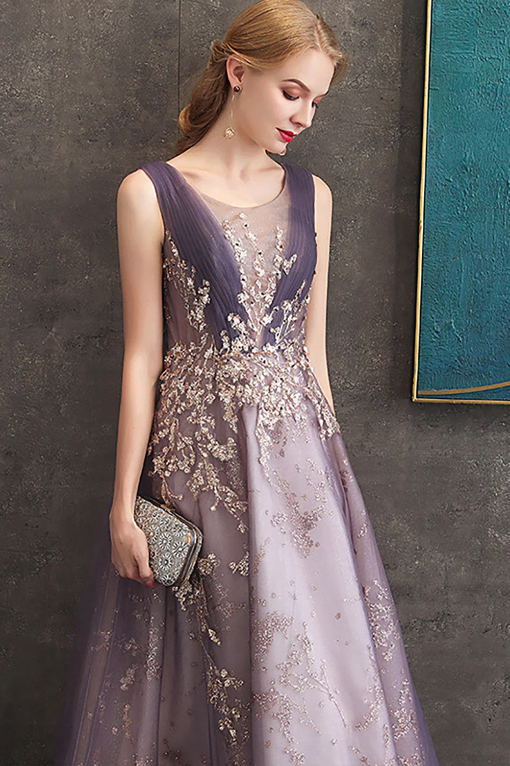 Violet Une ligne col rond Tulle Robe de soirée Longue - Image 5