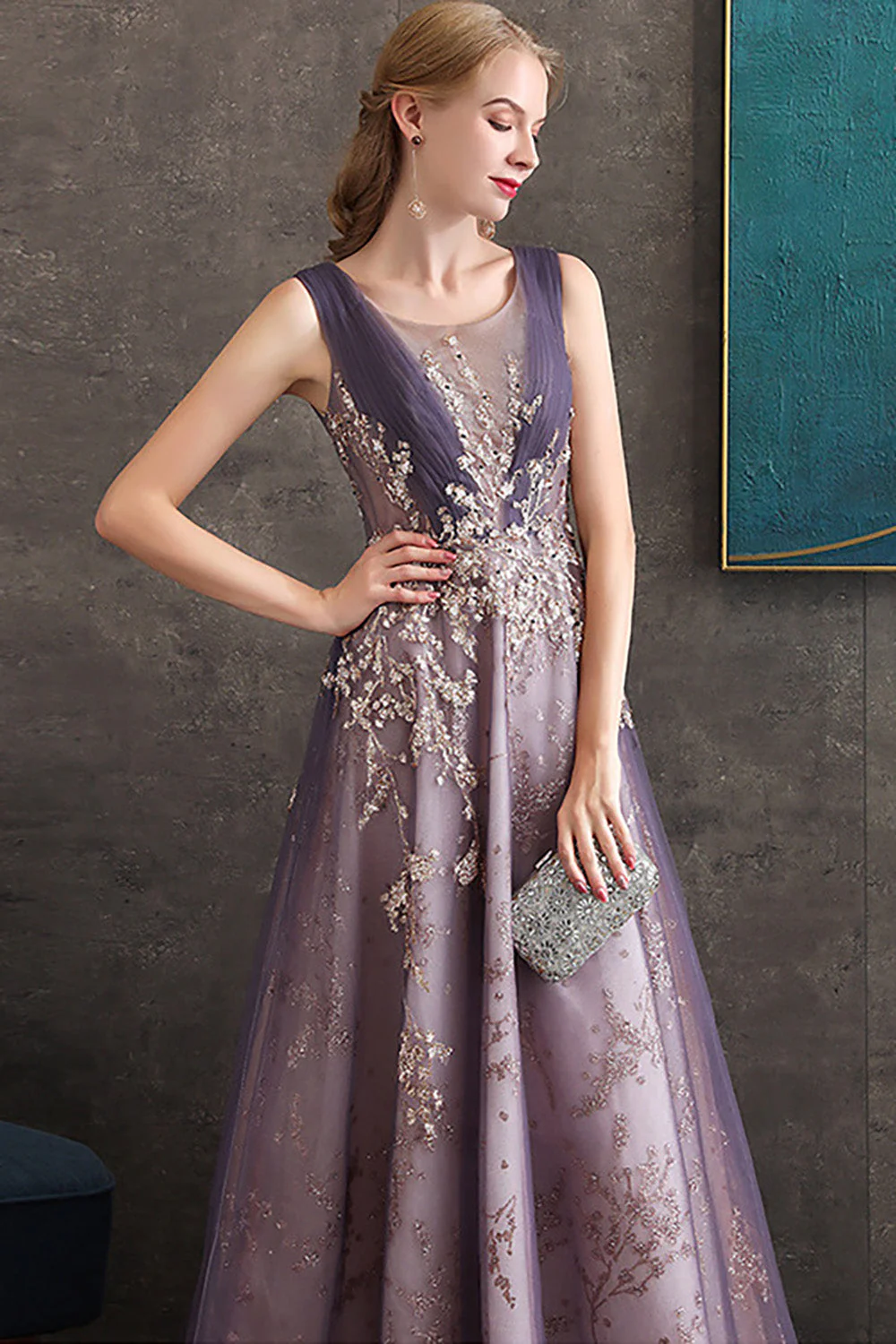 Violet Une ligne col rond Tulle Robe de soirée Longue - Image 6