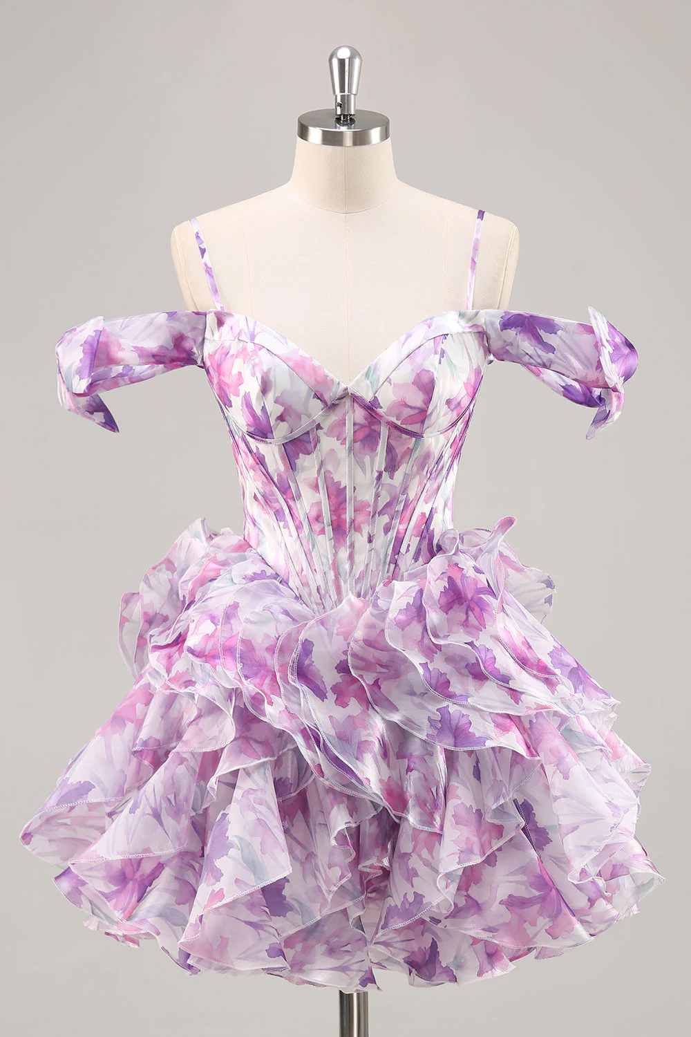 Violet Une ligne dénudée Corset imprimé Corset Robe De Cocktail avec volants - Image 7
