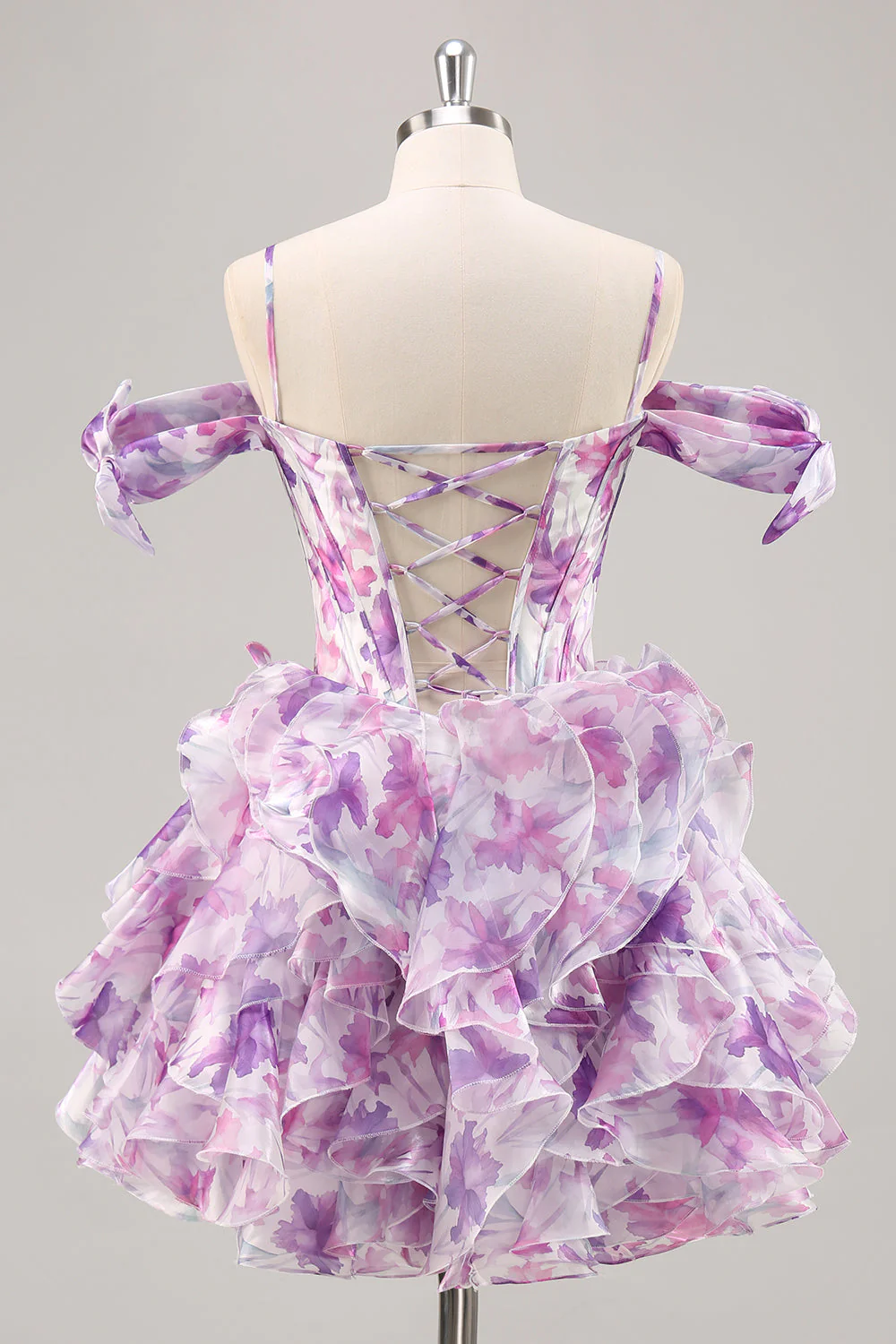 Violet Une ligne dénudée Corset imprimé Corset Robe De Cocktail avec volants - Image 8