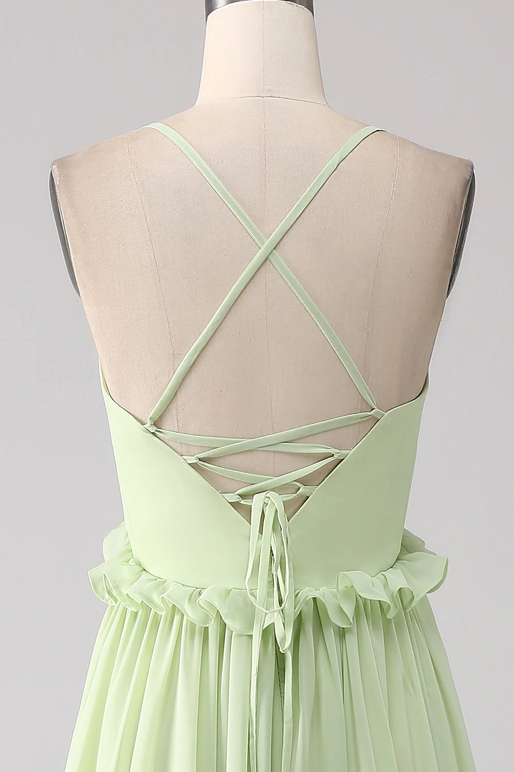 Volants A Line Robe de demoiselle d’honneur verte avec dos à lacets - Image 5