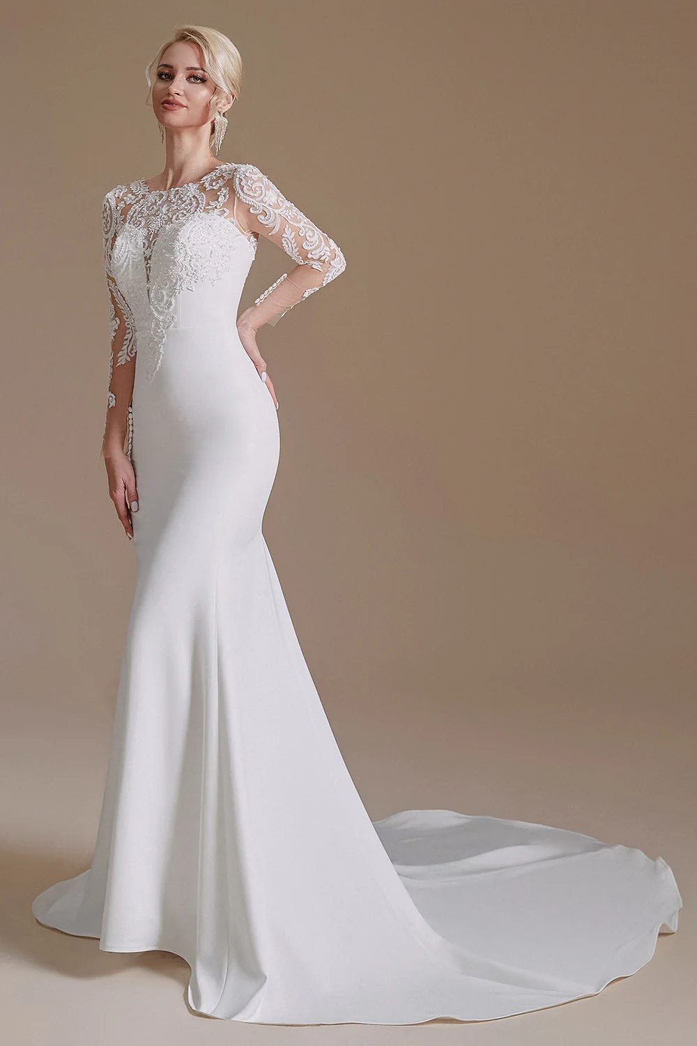 White Mermaid Manches Longues Sweep Train Robe de mariée avec dentelle - Image 3