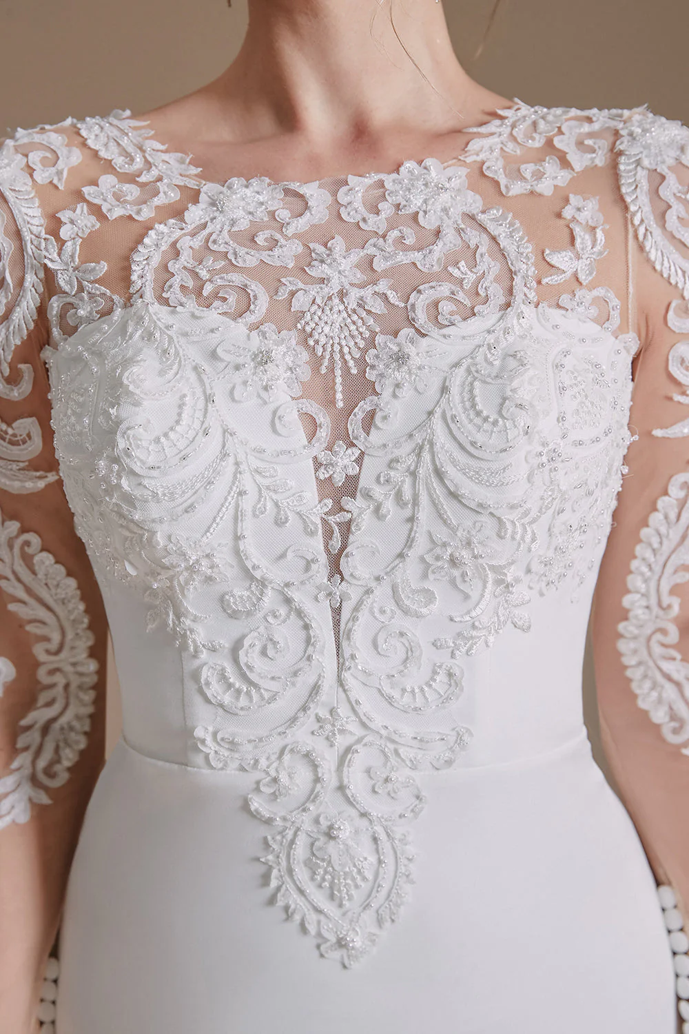 White Mermaid Manches Longues Sweep Train Robe de mariée avec dentelle - Image 4