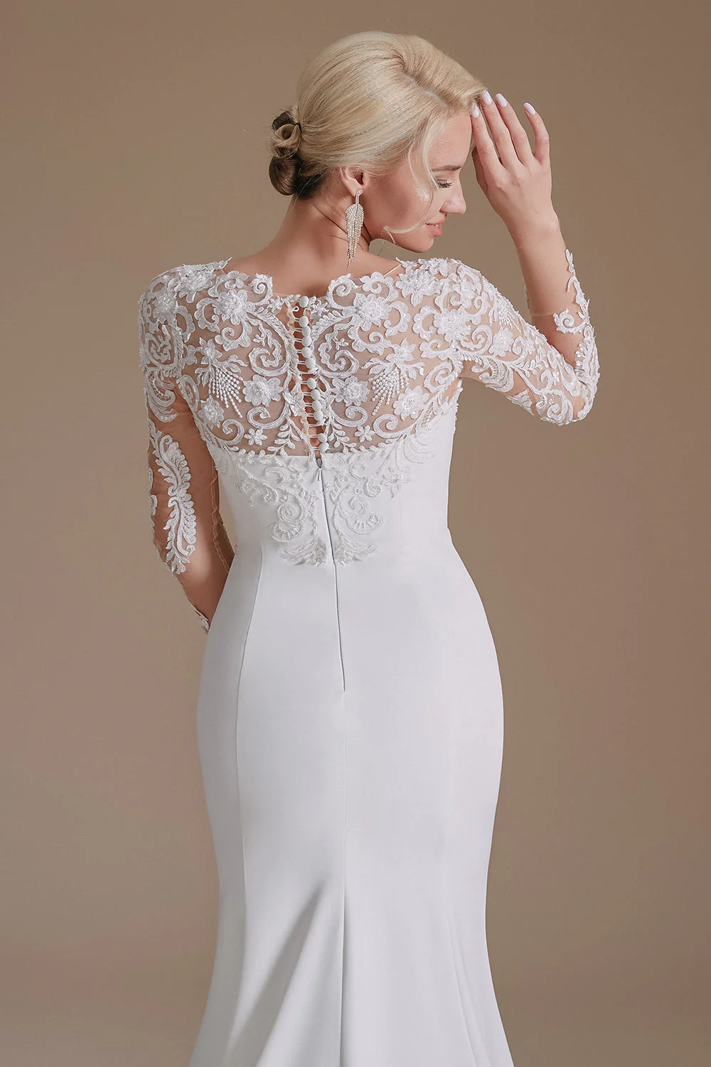 White Mermaid Manches Longues Sweep Train Robe de mariée avec dentelle - Image 6