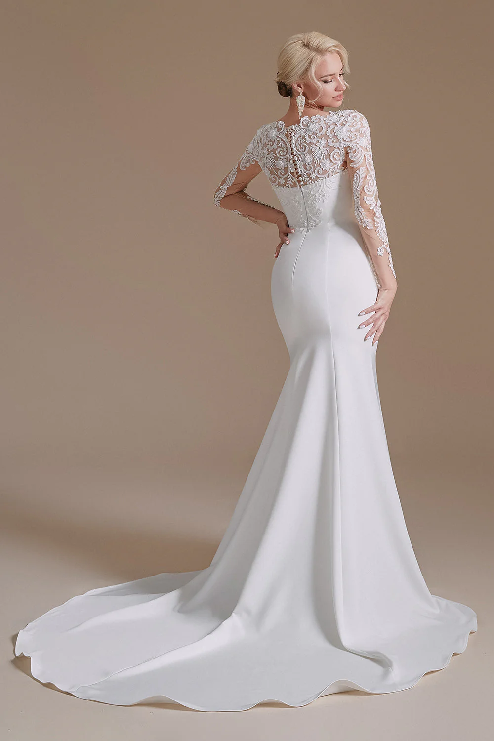 White Mermaid Manches Longues Sweep Train Robe de mariée avec dentelle - Image 7