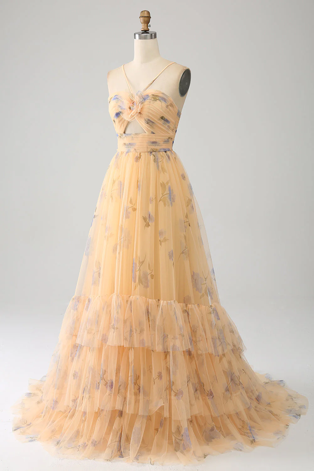 Robe de Soirée jaune trapèze dos nu plissée en tulle à plusieurs niveaux avec broderie - Image 3