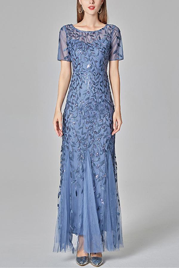 Robe Sirène à Manches Courtes Bleu Marine - Image 3