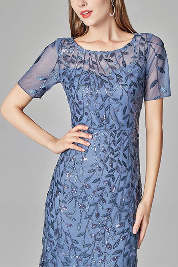 Zapaka Femme Robe de Soirée Sirène Bleue à Manches Courtes - Image 3