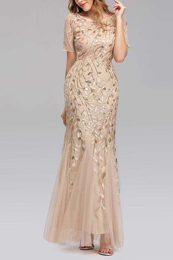 Zapaka Femme Robe Sirène Manches Courtes Champagne - Image 3