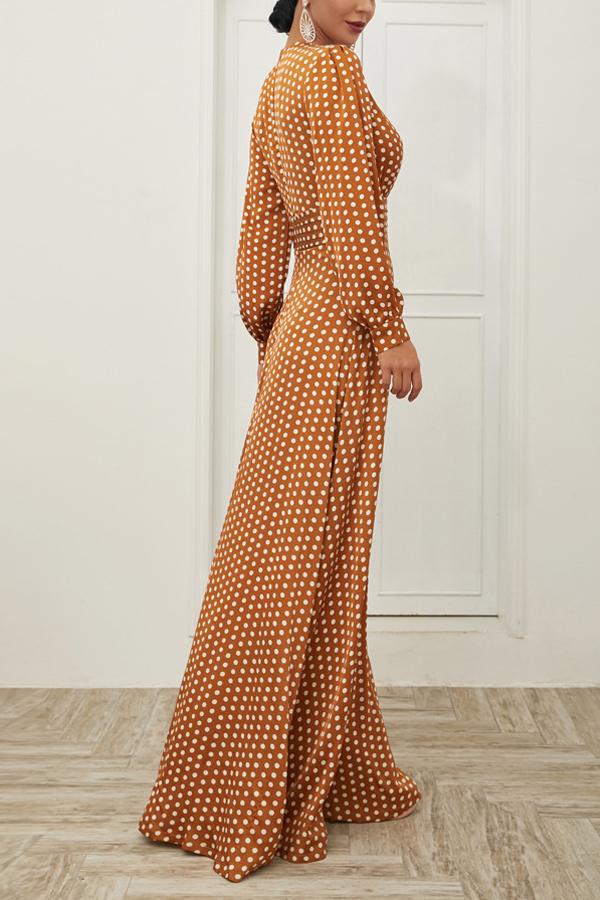 Robe Décontractée Bohème à Manches Longues à Pois Jaunes - Image 4