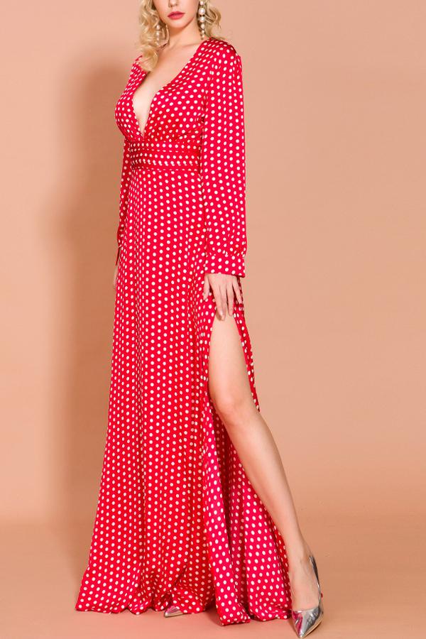 Robe Décontractée Bohème à Manches Longues à Pois Rouge - Image 5