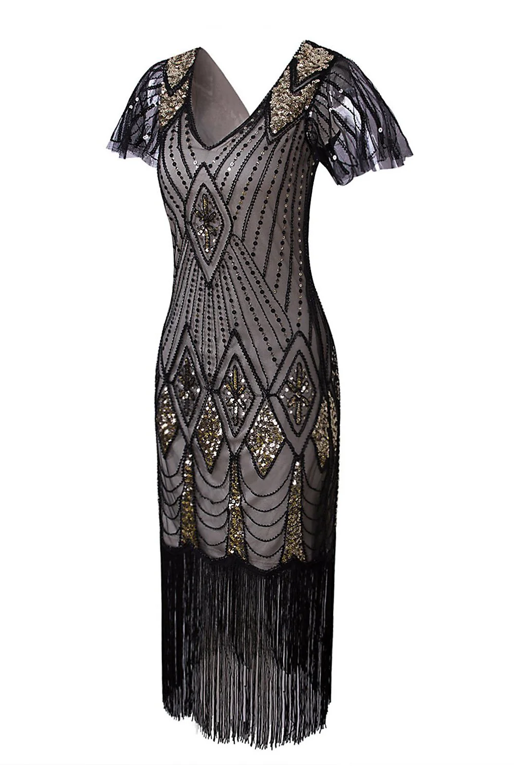Robe 1920s Col V avec Paillettes à Franges - Image 3