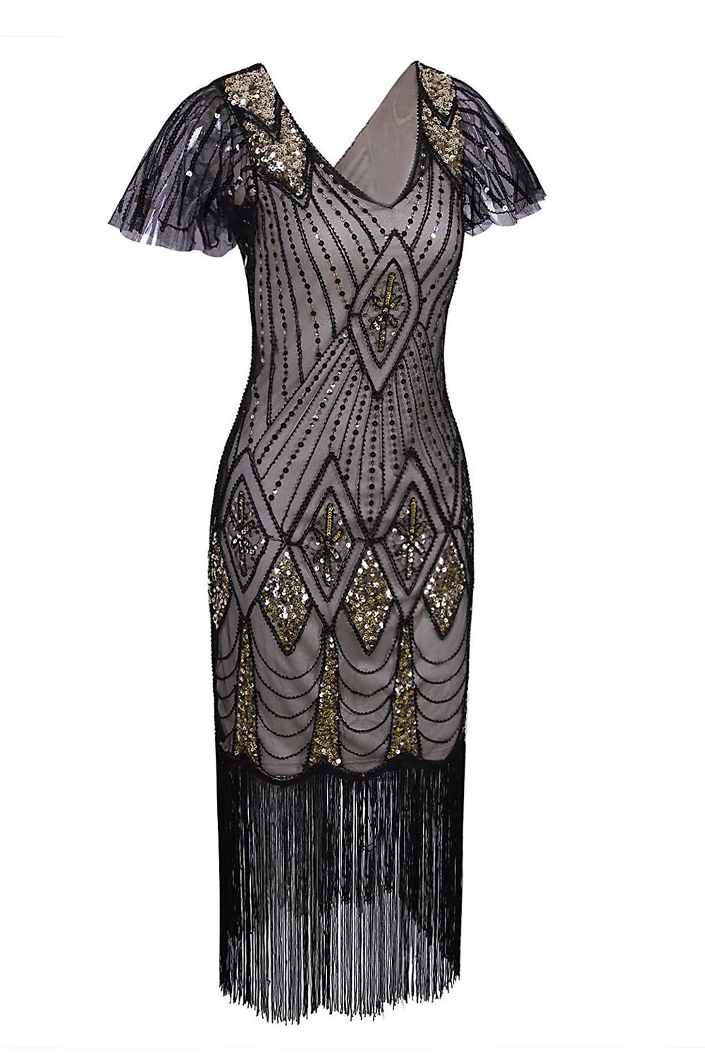 Robe 1920s Col V avec Paillettes à Franges - Image 4