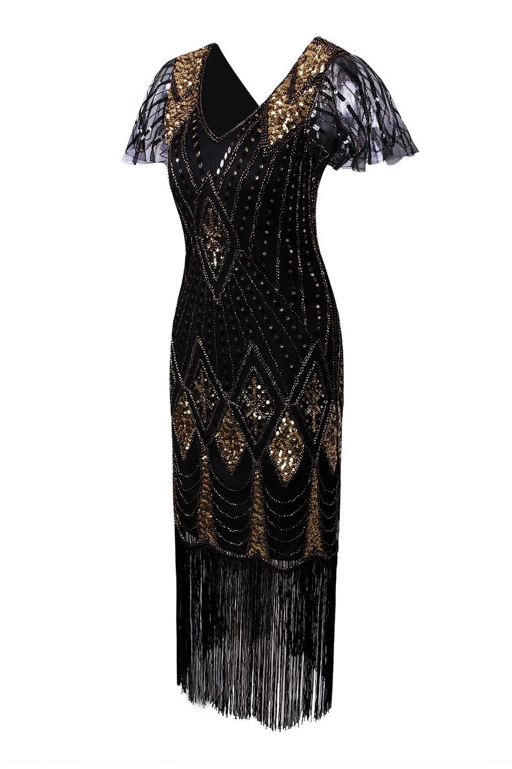 Robe 1920s Col V avec Paillettes à Franges - Image 3