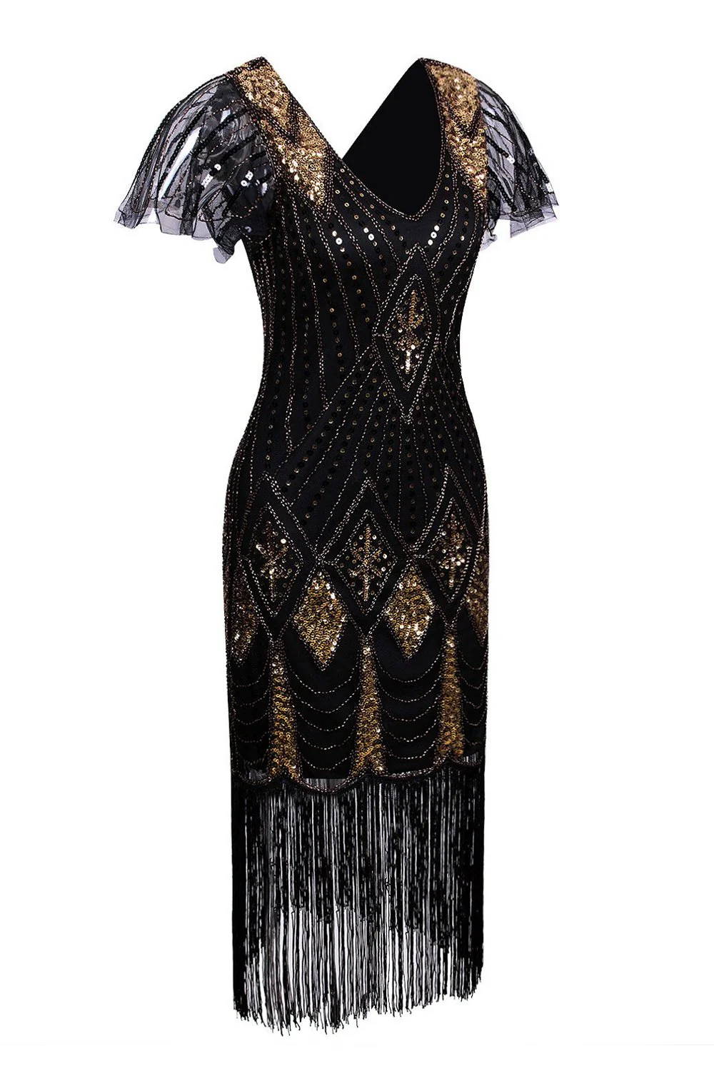Robe 1920s Col V avec Paillettes à Franges - Image 4