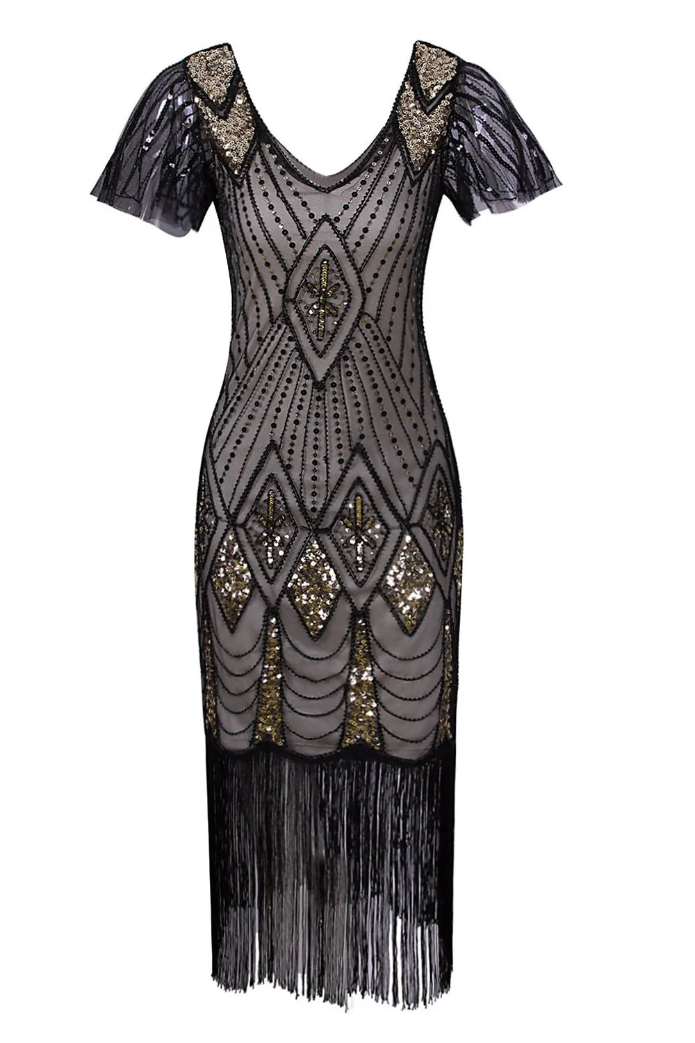 Robe 1920s Col V avec Paillettes à Franges - Image 6