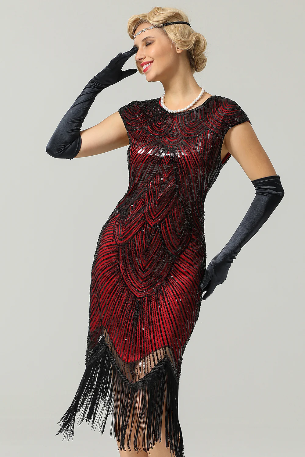 Robe Rouge 1920s Flapper avec Paillettes - Image 3