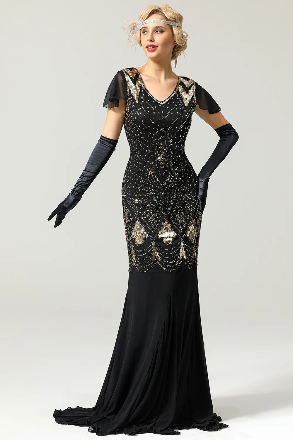 Robe sirène noire années 1920 à paillettes - Image 5