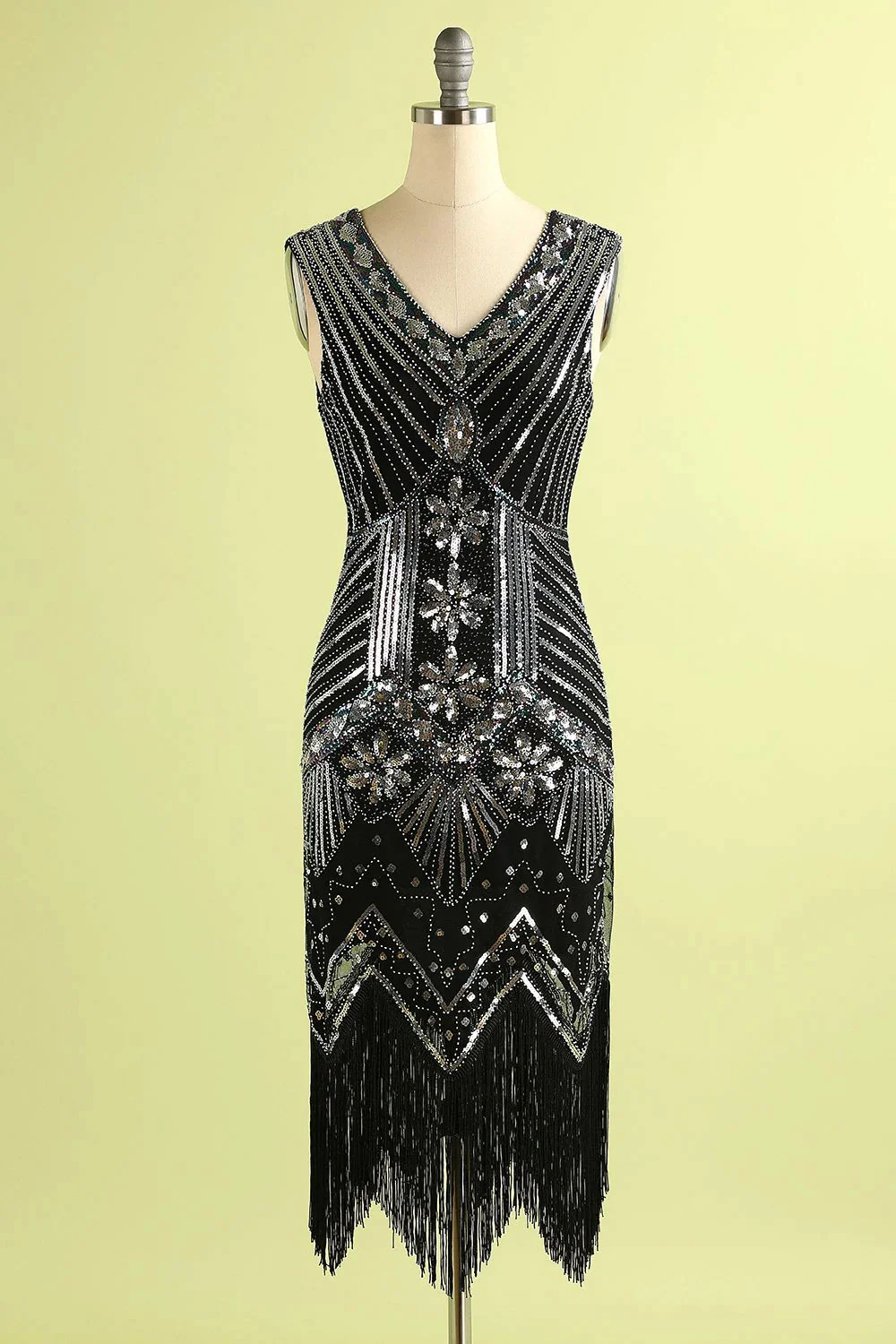 Robe Noire Col V à Franges Avec Paillettes - Image 4