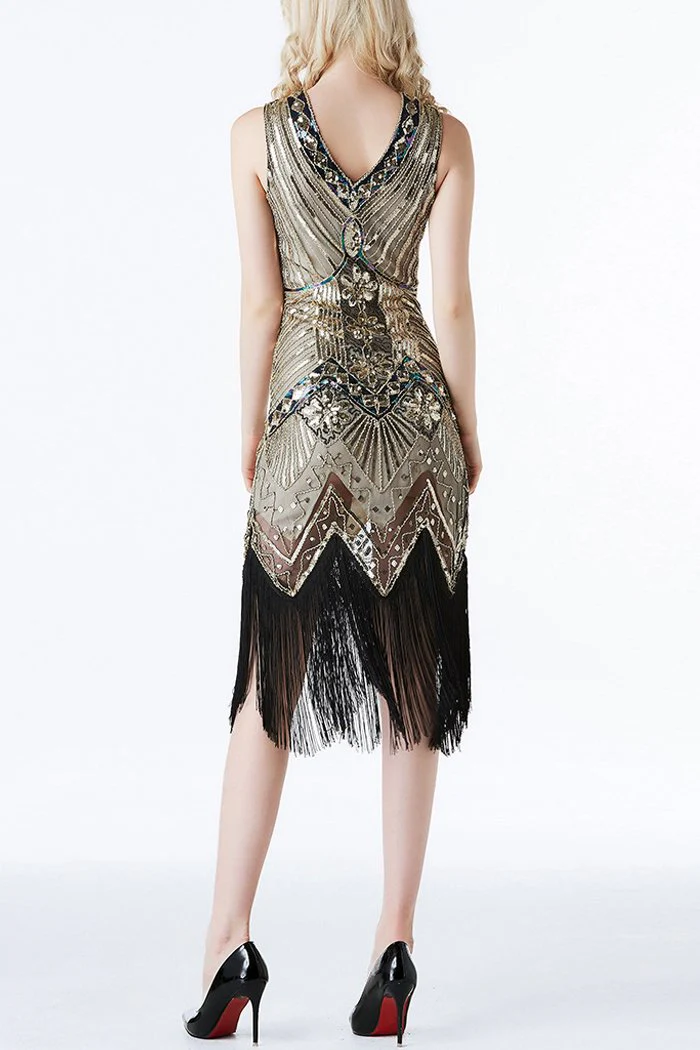 Robe Col en V Sans Manche à Franges Avec Paillettes Or - Image 3