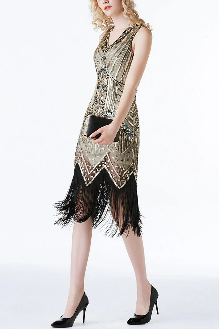 Robe Col en V Sans Manche à Franges Avec Paillettes Or - Image 5