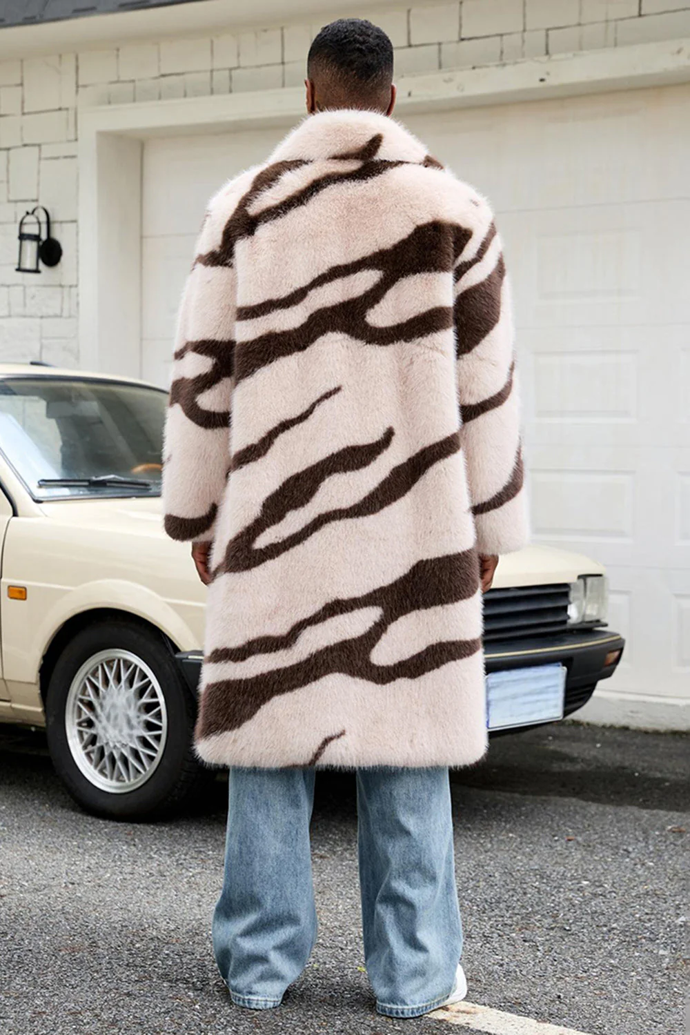 Zèbres abricot fausse fourrure ouverte devant Long manteau pour hommes - Image 2